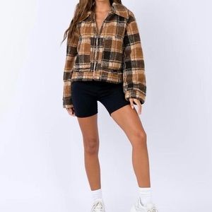 Princess Polly Doris Cropped Teddy Jacket Brown/Tan Plaid